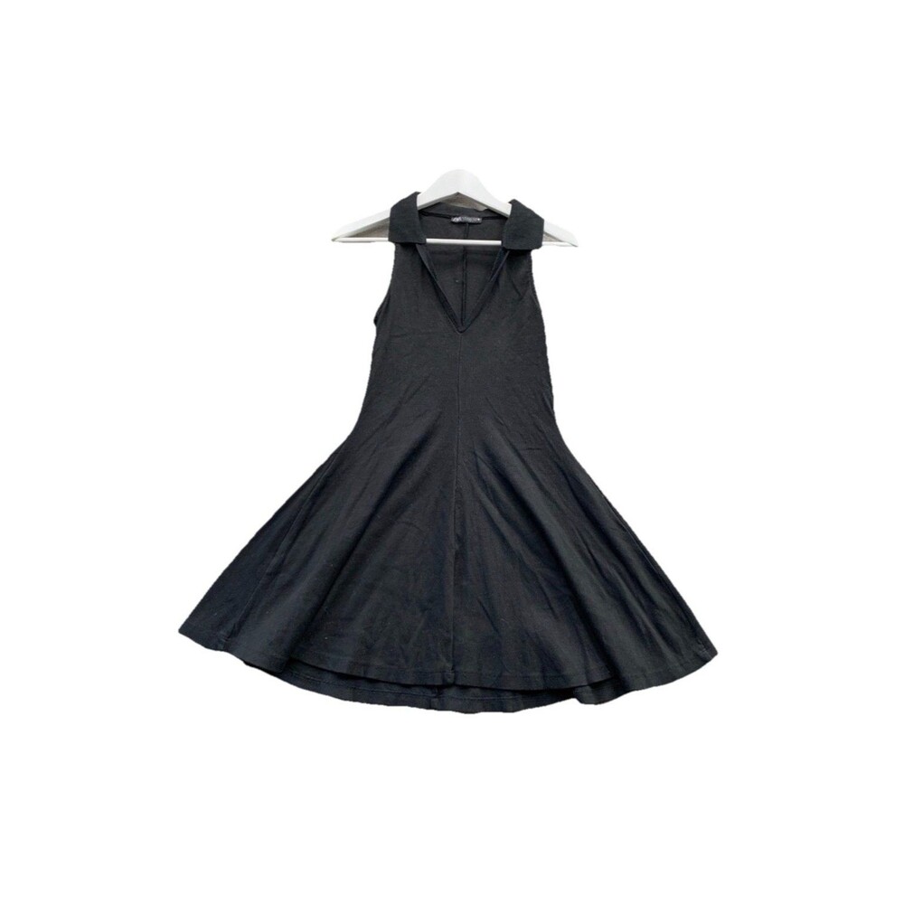 ZARA BLACK SLEEVESS COLLARED DEEP V RIBBED MINI DRESS SZ M TENNIS GOLF preppy